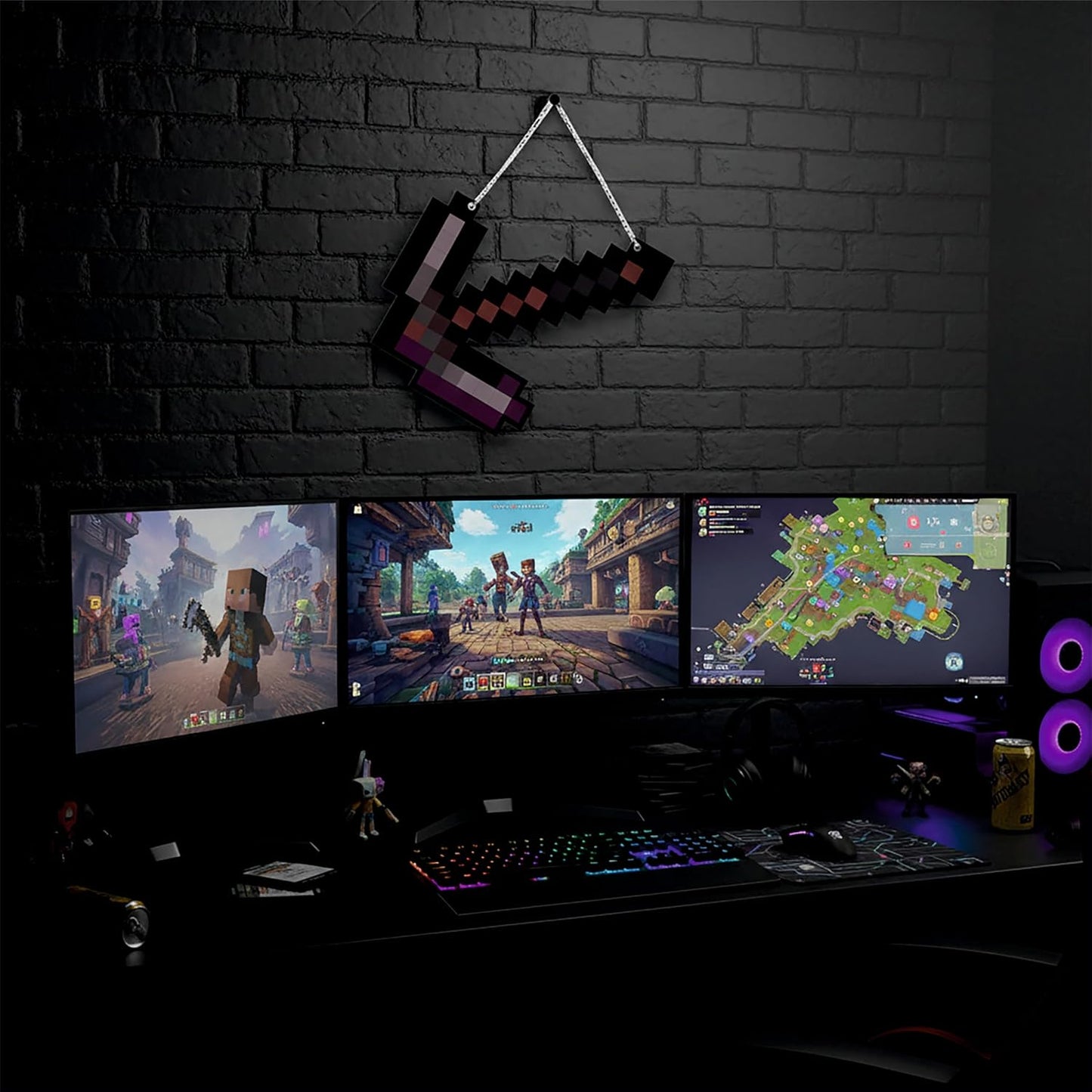 Retro Pixel Netherite Pickaxe Gaming Wall Hanging