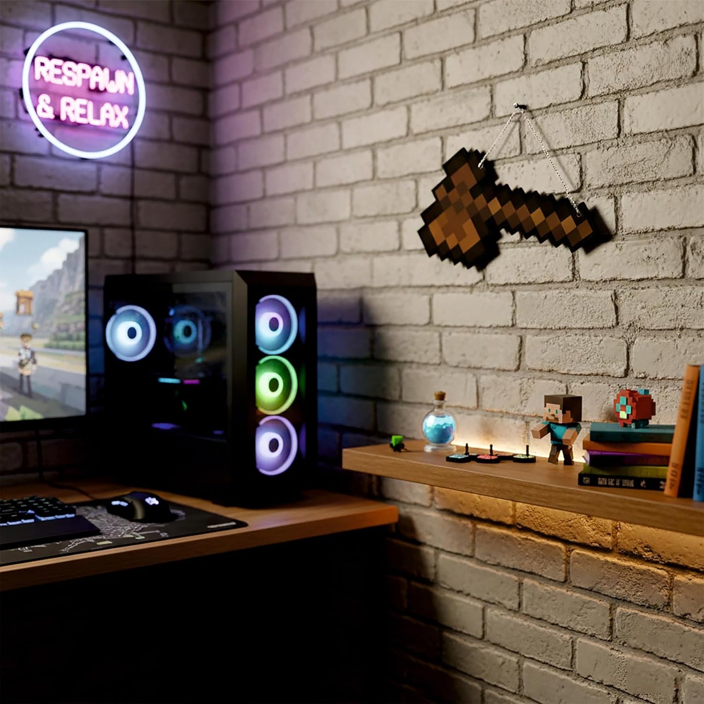 Retro Pixel Wooden Axe Gaming Wall Hanging