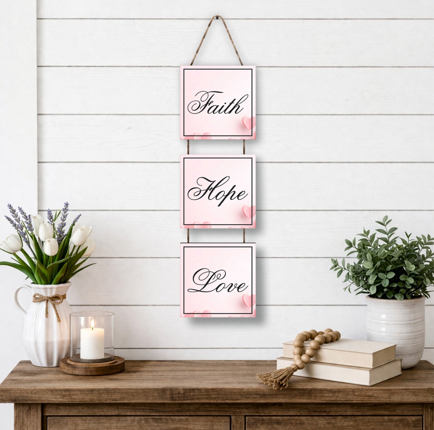 Faith Hope Love Heart Wooden Wall Hanging
