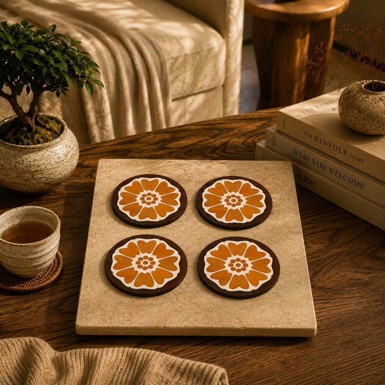 Retro Floral Round Wooden Coasters Set of 4