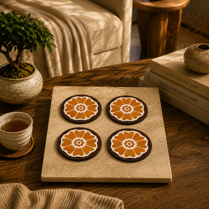 Retro Floral Round Wooden Coasters Set of 4