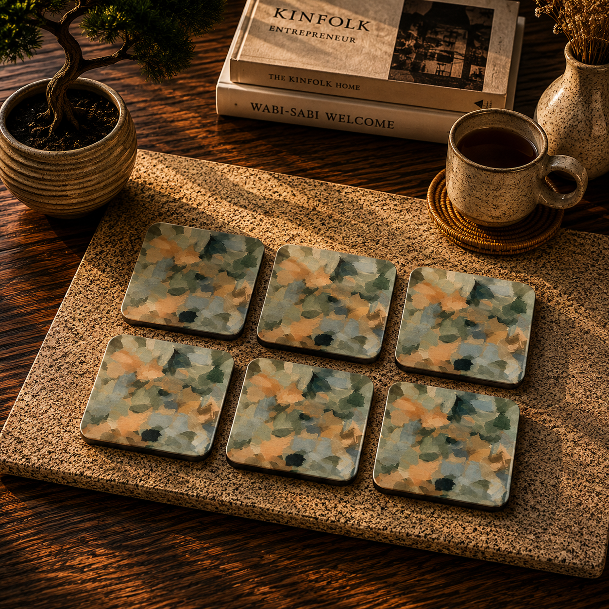 Abstract Botanical Brushstrokes Wooden Coasters Set of 6