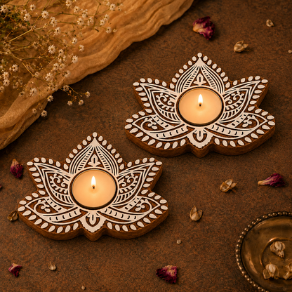 Floral Mandala Wooden Tea Light Candle Holder