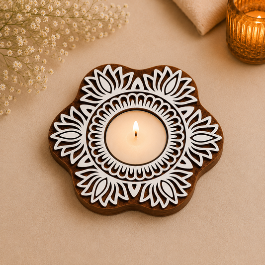 Floral Lotus Wooden Tea Light Candle Holder