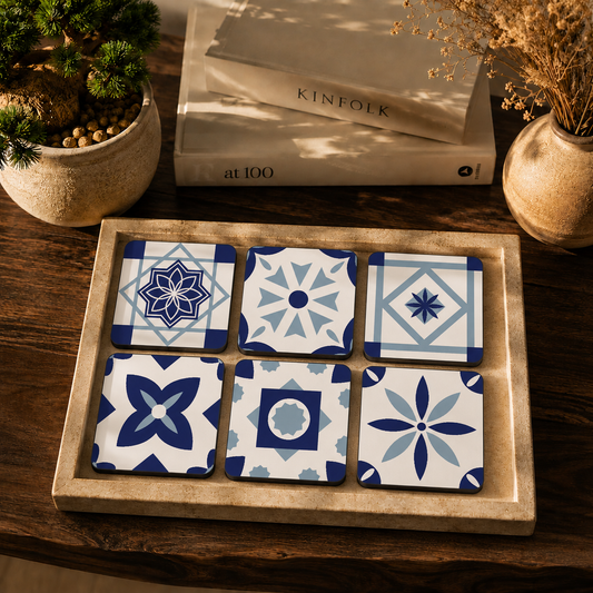 Blue & White Tile Pattern Wooden Coasters Set of 6