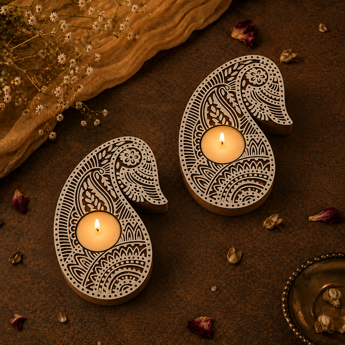 Floral Paisley Wooden Tea Light Candle Holder