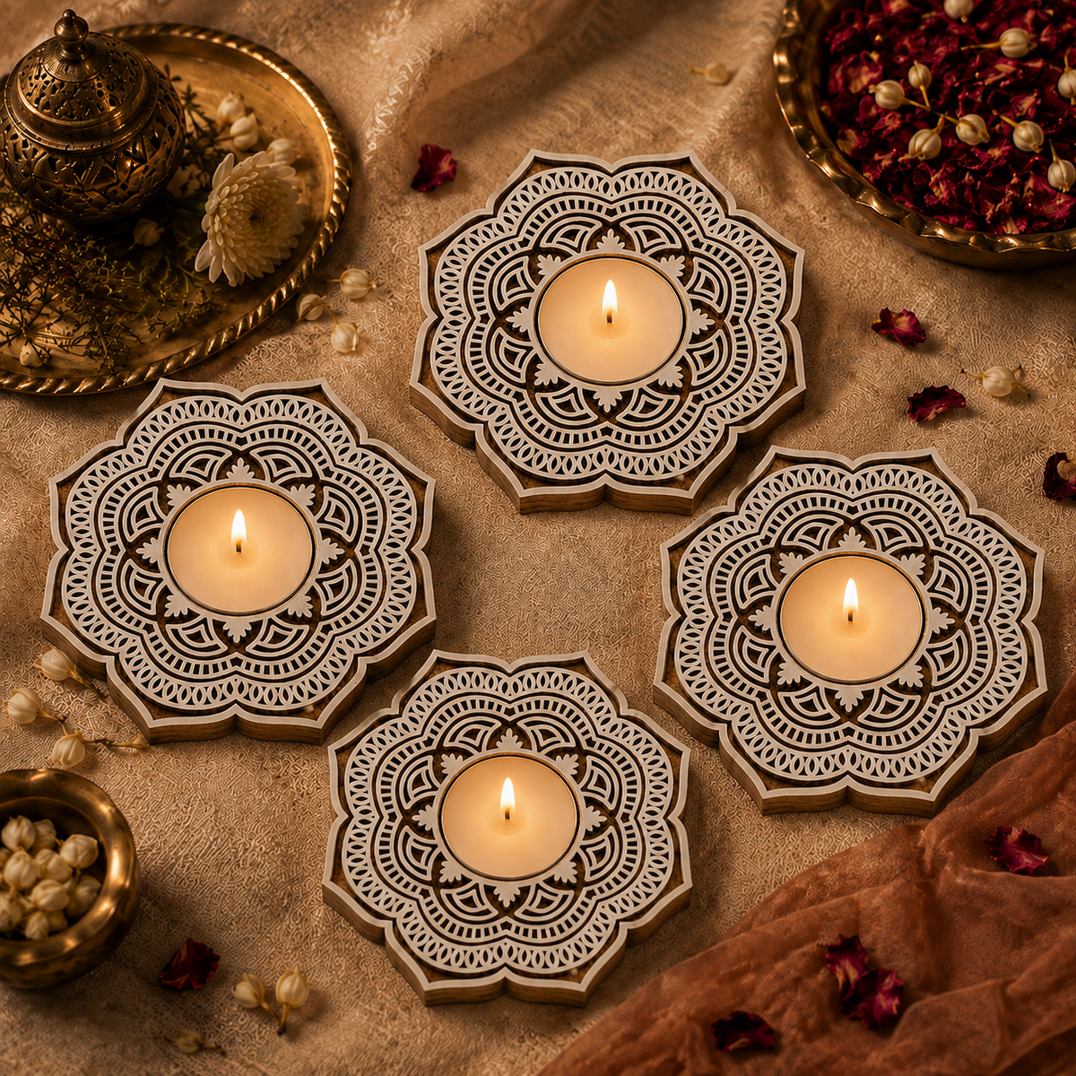 Traditional Mandala Wooden Tea Light Candle Holder