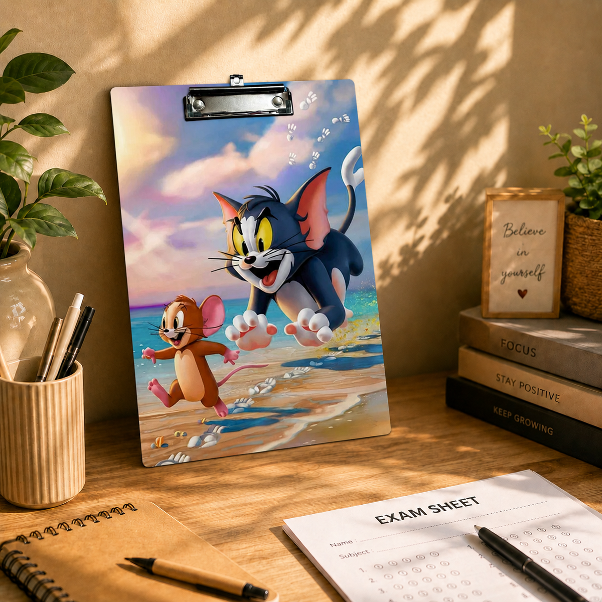 Seaside Chase Clipboard – Playful Cartoon Character Design
