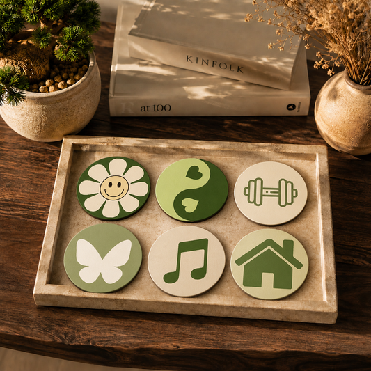 Minimal Icon Art Round Wooden Coasters Set of 6