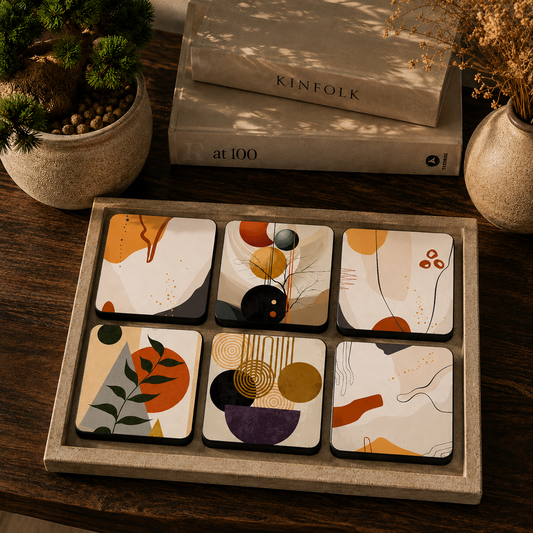 Neutral Abstract Pattern Wooden Coasters Set of 6