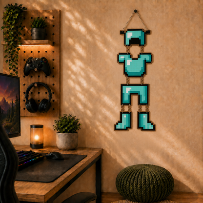 Retro Pixel Diamond Armor Gaming Wall Hanging