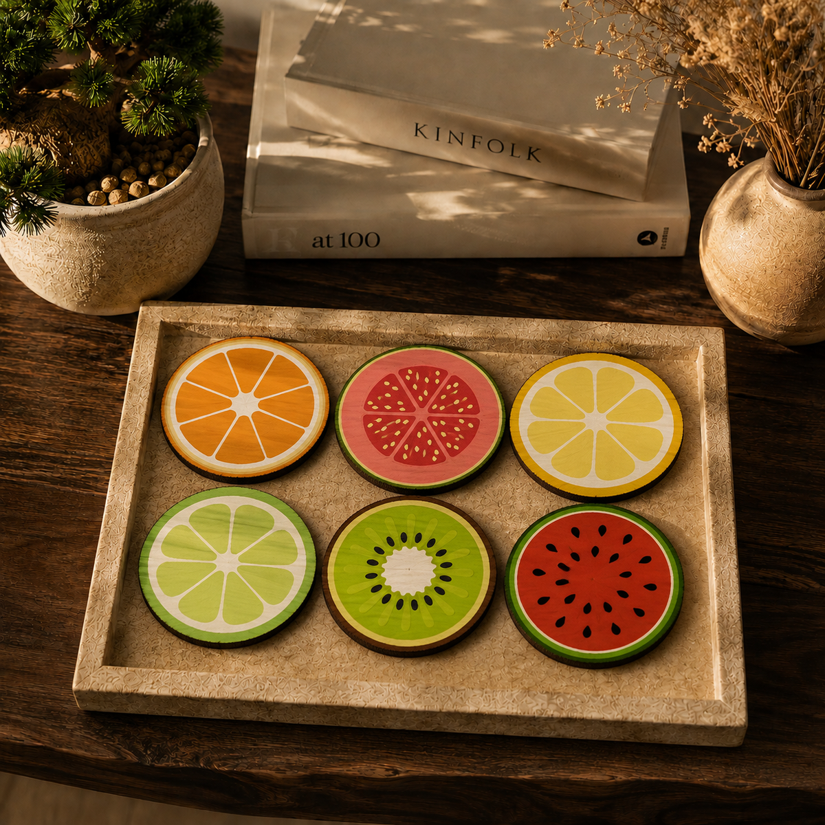 Fruit Print Round Wooden Coasters Set of 6