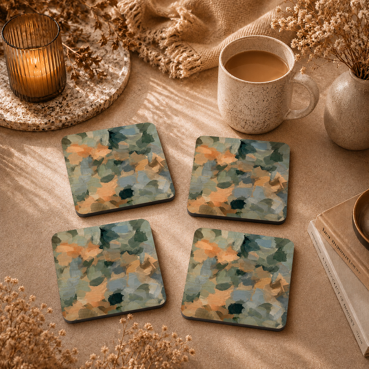 Soft Sage Abstract Wooden Coasters Set of 4