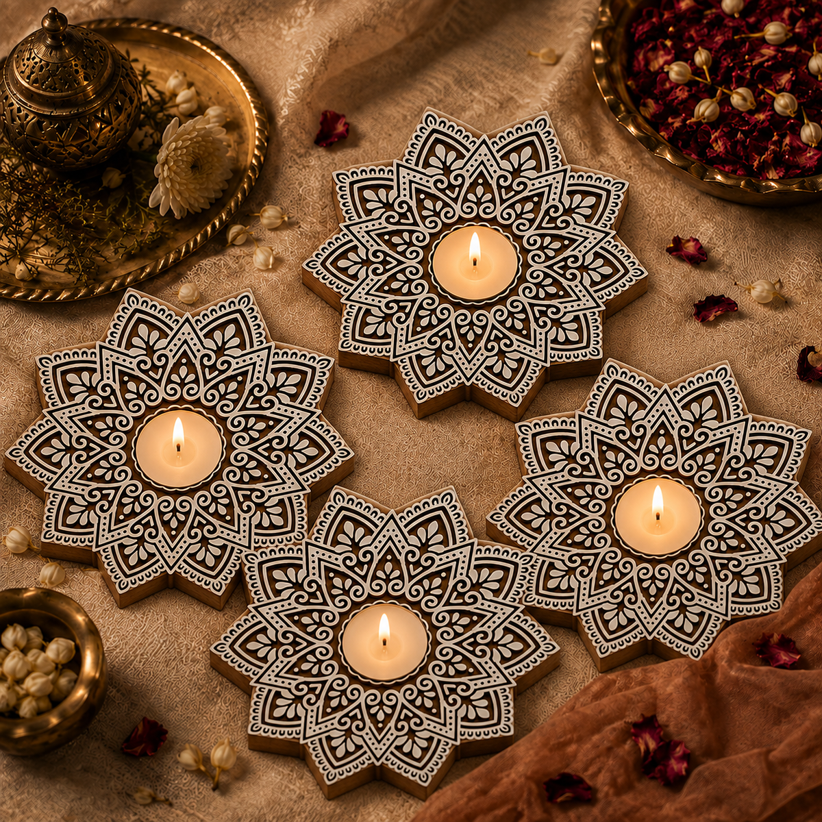Star Mandala Wooden Tea Light Candle Holder