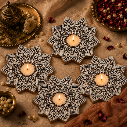 Star Mandala Wooden Tea Light Candle Holder