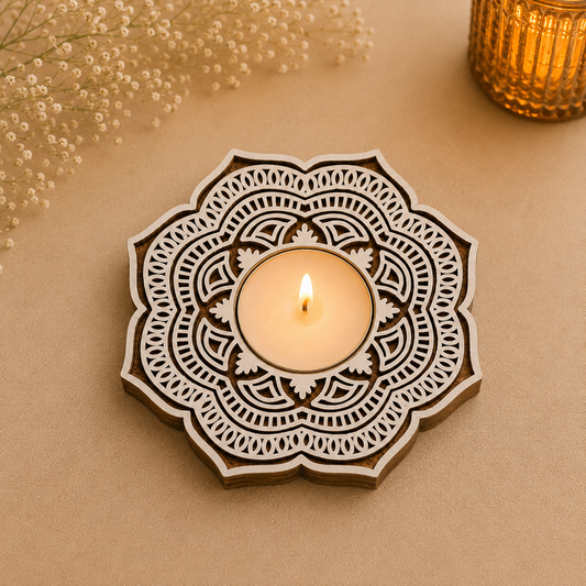 Traditional Mandala Wooden Tea Light Candle Holder