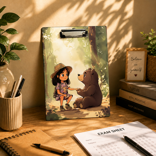 Forest Friendship Clipboard – Girl and Bear Woodland Art