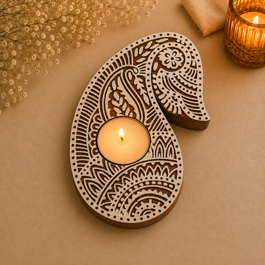 Floral Paisley Wooden Tea Light Candle Holder