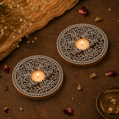 Round Pattern Wooden Tea Light Candle Holder Stand
