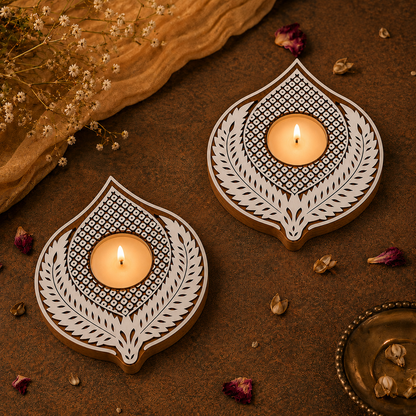 Leaf Motif Wooden Tea Light Candle Holder