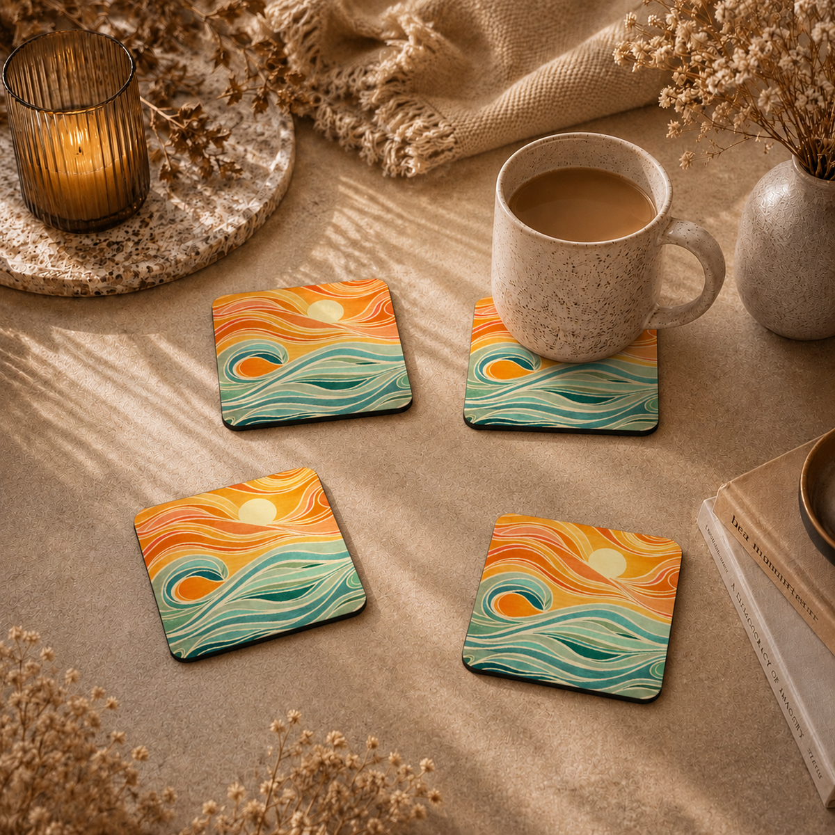 Sunset Ocean Wave Wooden Coasters Set of 4