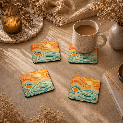 Sunset Ocean Wave Wooden Coasters Set of 4