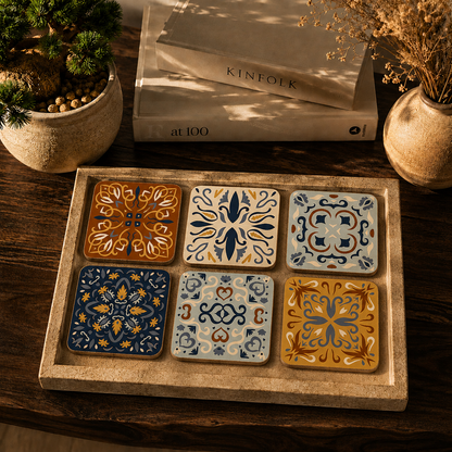 Moroccan Tile Design Wooden Coasters Set of 6