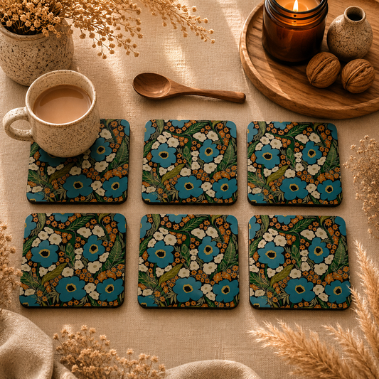Vintage Botanical Floral Wooden Coasters Set of 6