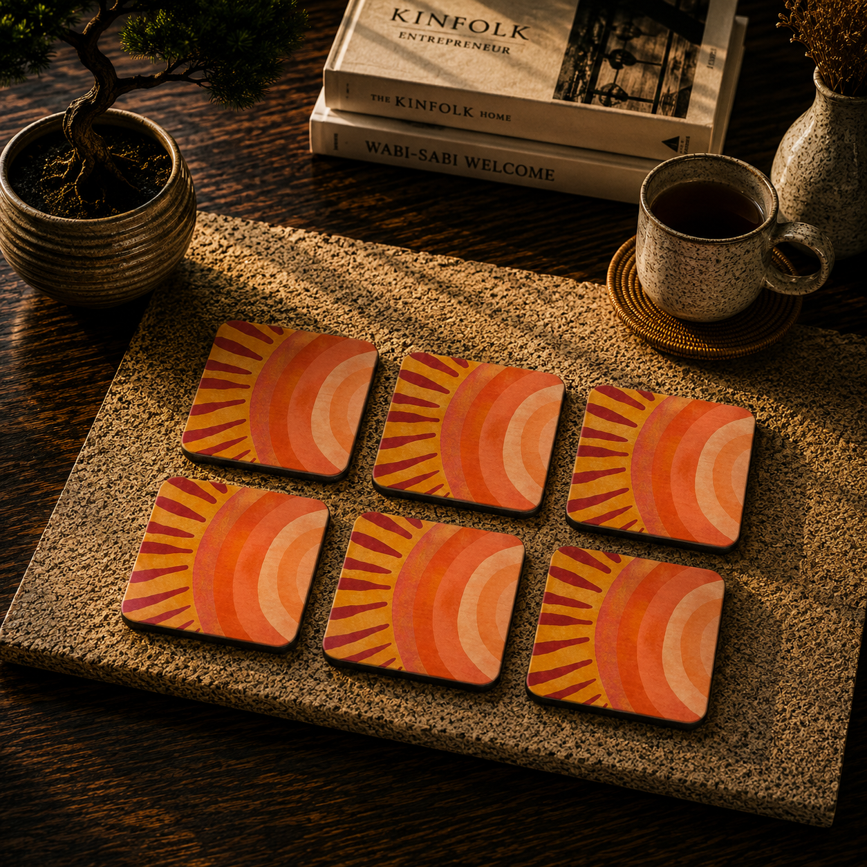 Retro Sunrise Abstract Wooden Coasters Set of 6