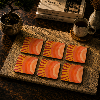Retro Sunrise Abstract Wooden Coasters Set of 6