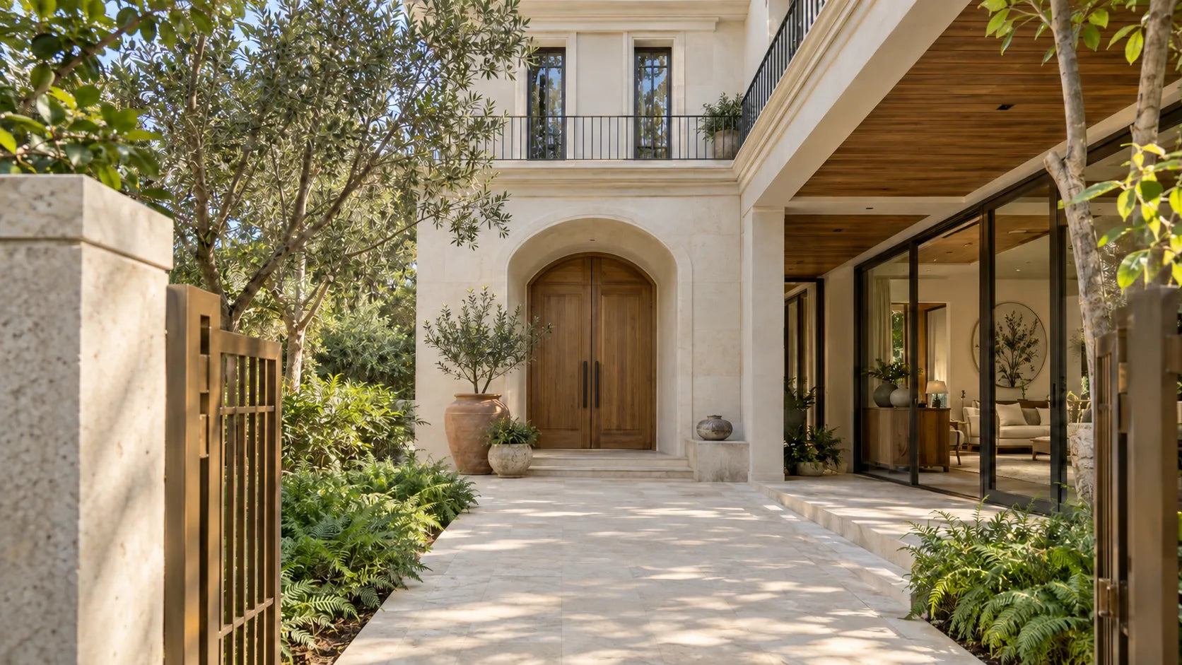 Sunlit villa with timber doors and a quiet garden